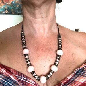 VTG Pastel Pink Ceramic Beads Bronze Spacers Beaded Boho Leather Cord Necklace